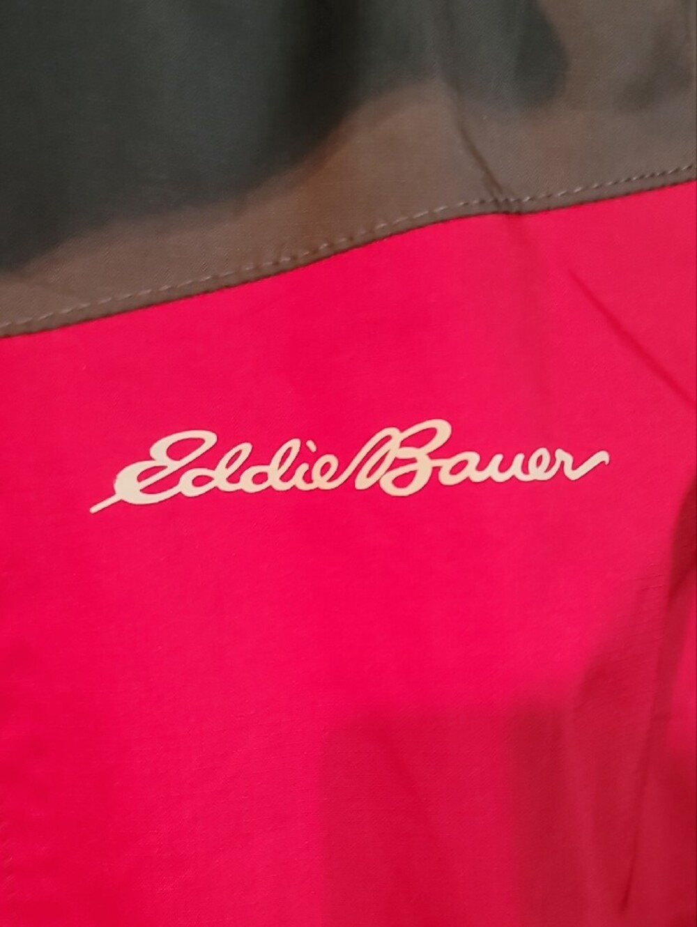 Eddie Bauer Men's Red and Gray Hooded Activewear Rain Jacket w Snap Strom Flap